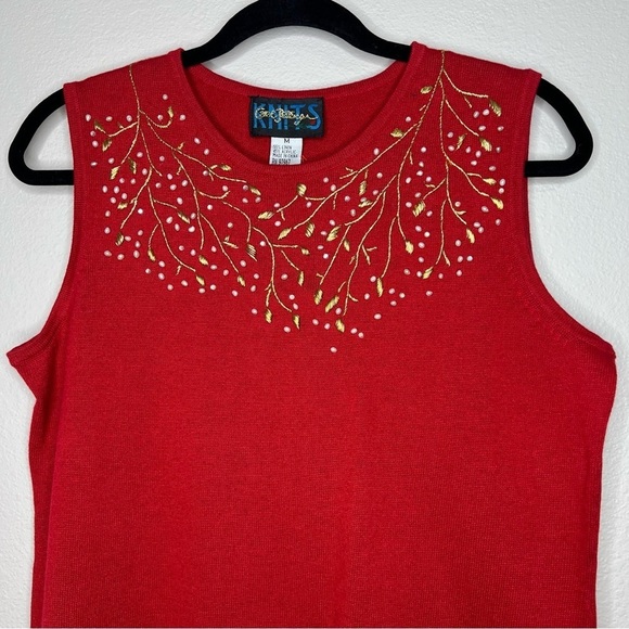 Carol Patterson Knits Red Linen Blend Pearl Beaded Embroidered Knit Top NWT - Picture 2 of 8